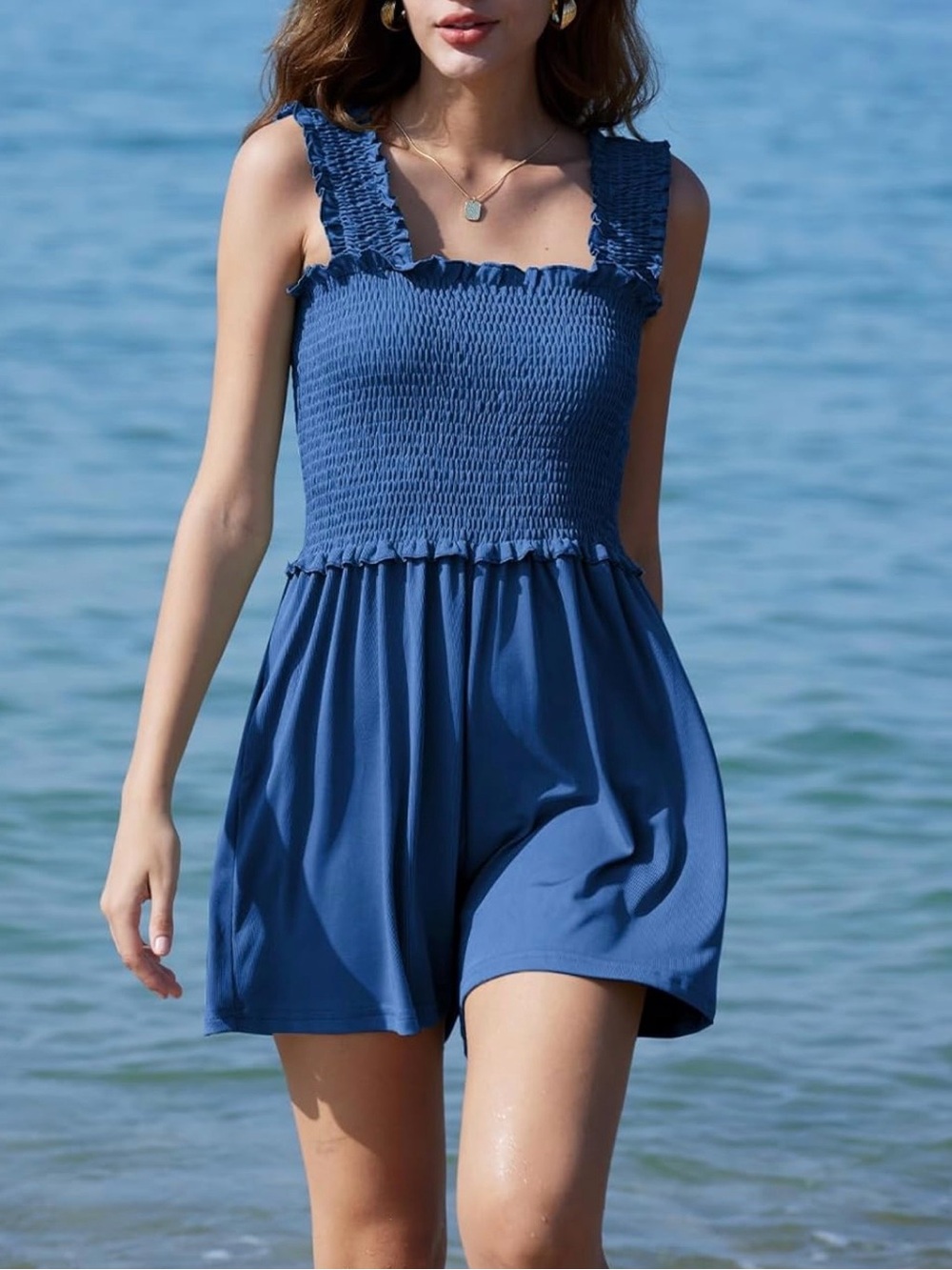 Smocked Blue Sleeveless Jumpsuit Romper with Pockets